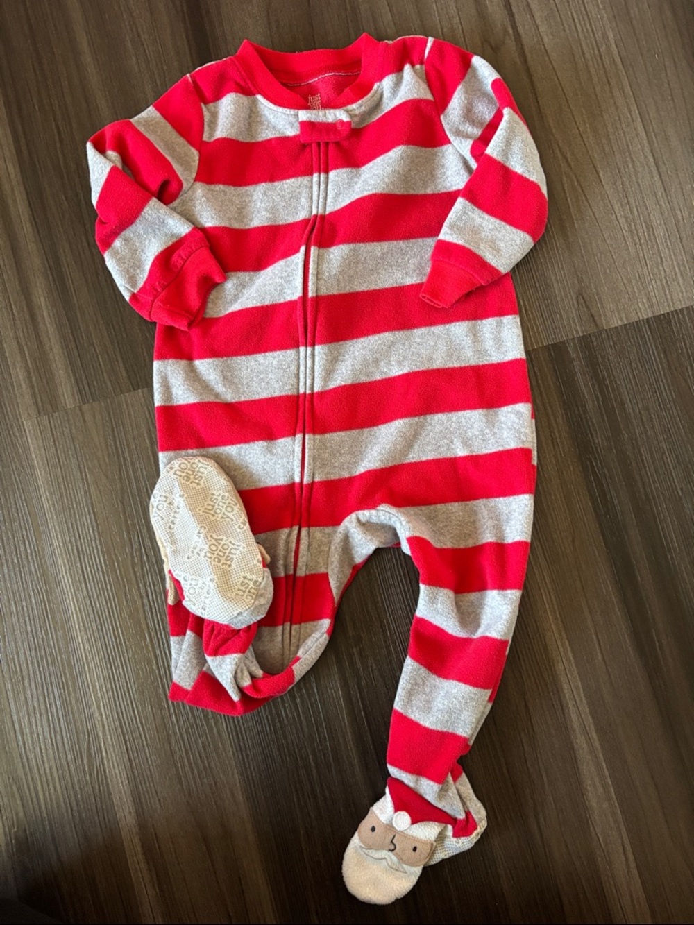 Striped Red and Gray Kids Footed One-Piece Pajama